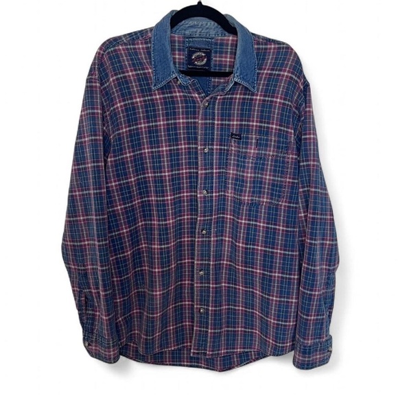 Vintage Looks Plaid Button Down Shirt XL Denim Collar Red White Blue - Picture 1 of 7